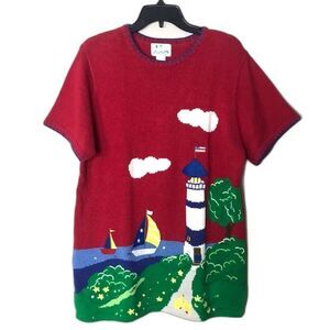 VTG Quaker factory nautical sailboat lighthouse embroidered pullover sweater